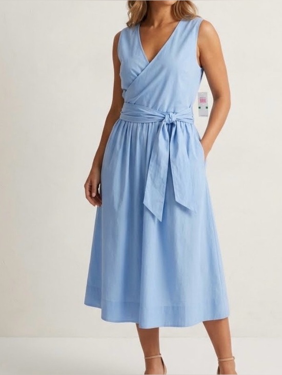 Gibson Latimer Dresses & Skirts - NWT Gibson Latimer Dress‎ Sleeveless Blue 100% Cotton Faux Wrap Pockets Size L